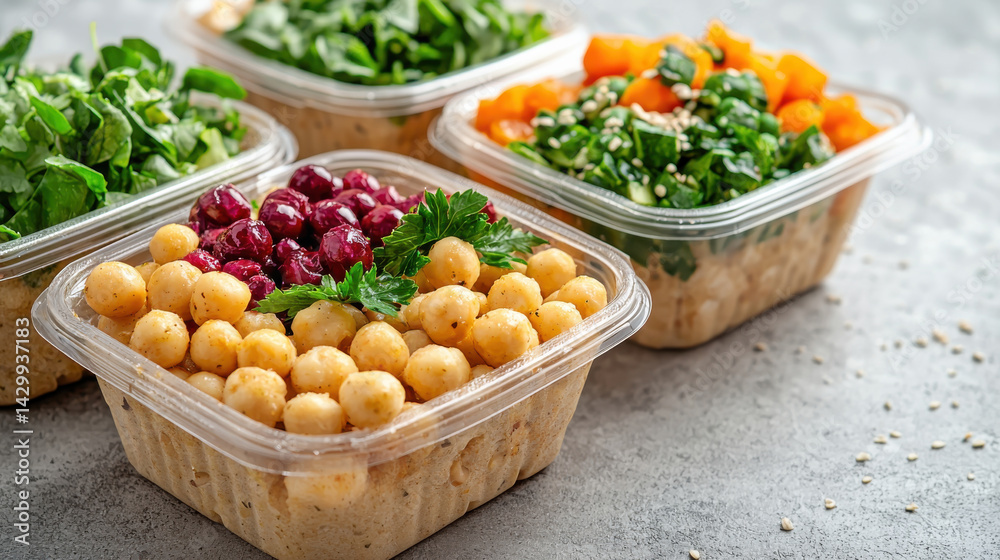 Healthy vegan bento boxes with fresh vegetables and chickpeas Healthy vegan bento boxes with fresh vegetables and chickpeas
