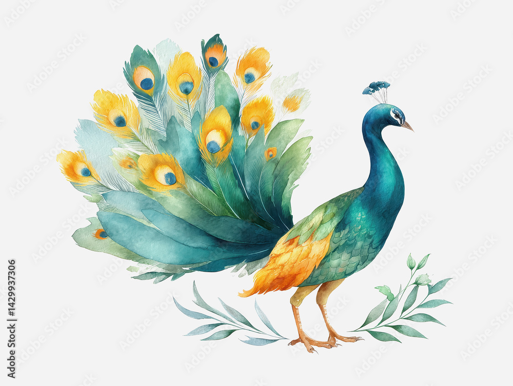 Fototapeta premium Striking watercolor peacock displaying its iridescent feathers against a simple white background