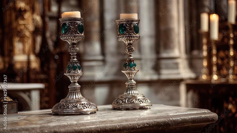 Ornate Silver Candle Holders with Green Gems on Marble Altar in Cathedral Ornate Silver Candle Holders with Green Gems on Marble Altar in Cathedral