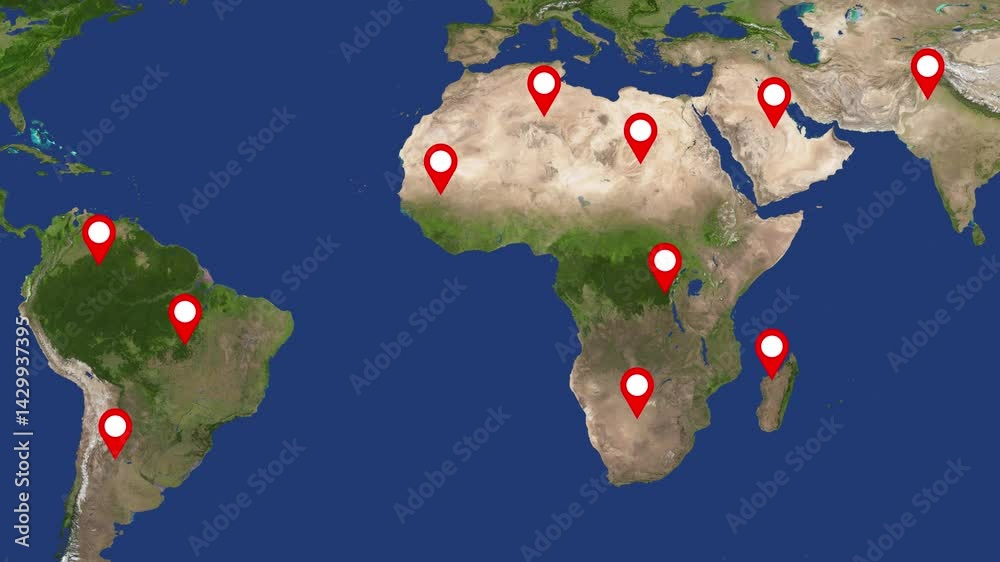 World globe map pin location animation, world map pin pointer location animated.