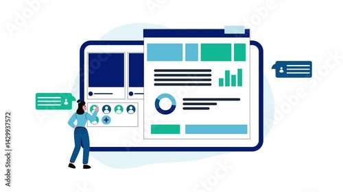 Teamwork animation analyzing website data on a dashboard. Suitable for web development or business teamwork themes.