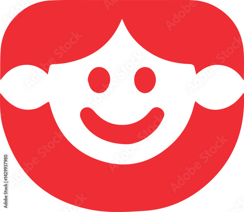 Cheerful cartoon girl logo in vibrant red and white.