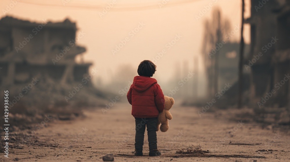 Child Standing Amidst Earthquake Ruins Abandoned Street Emotional Scene Destruction Hopeful Perspective