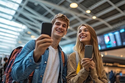 Portrait of a happy travelers couple taking photos of the airport interior.