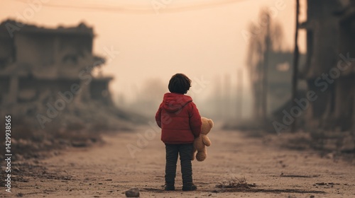 Obraz na płótnie Child Standing Amidst Earthquake Ruins Abandoned Street Emotional Scene Destruction Hopeful Perspective w salonie