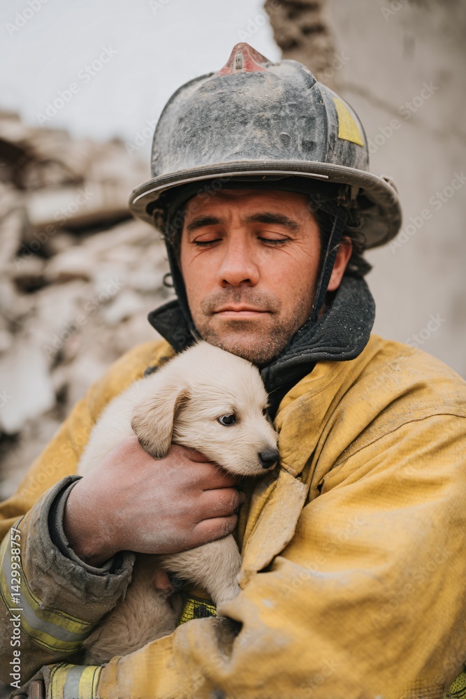 Firefighter Rescues Puppy from Earthquake Ruins Urban Disaster Scene Emotional Moment Close-Up Perspective