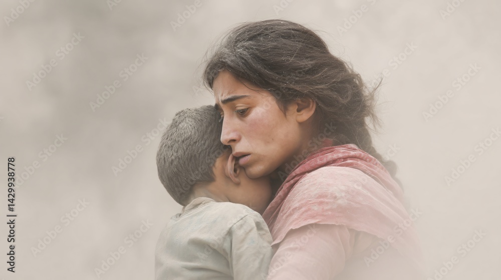 Earthquake Aftermath A Heartwrenching Moment of a Mother Holding Her Child Amidst Destruction