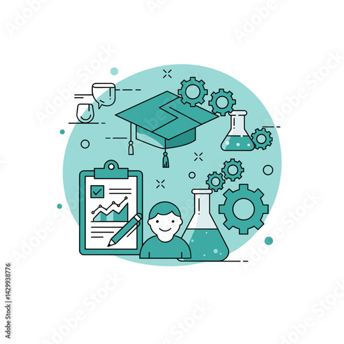 Education concept with student and science symbols in teal  