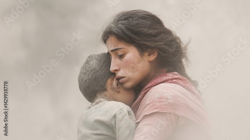 Obraz na płótnie Earthquake Aftermath A Heartwrenching Moment of a Mother Holding Her Child Amidst Destruction w salonie