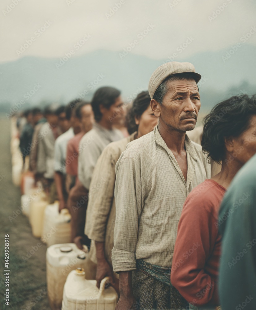 Survivors of the Earthquake Waiting for Relief Supplies in Rural Area Emotional Scene Documentary Style