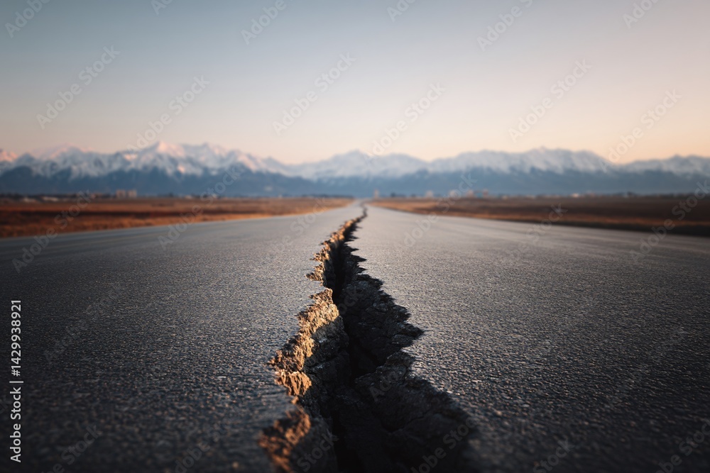 Earthquake Damage A Long Deep Crack Splitting an Asphalt Road Mountain Landscape Scenic View