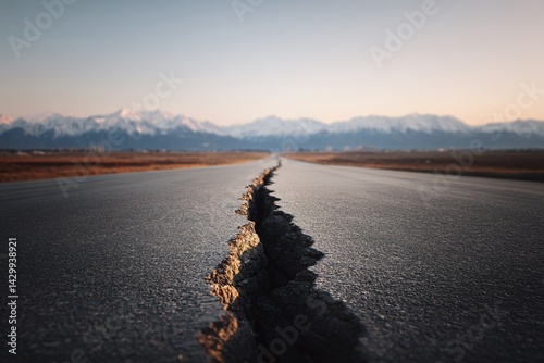 Obraz na płótnie Earthquake Damage A Long Deep Crack Splitting an Asphalt Road Mountain Landscape Scenic View w salonie