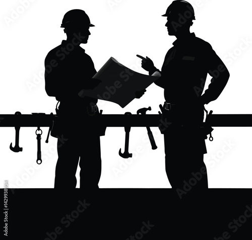 Elegant black silhouette of two construction workers discussing