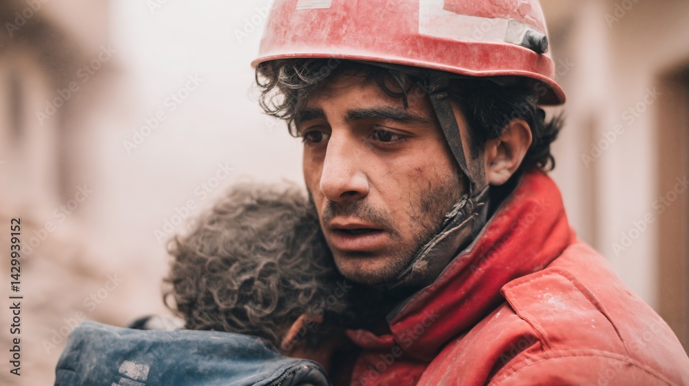 Rescue Worker Carries Child After Earthquake Disaster Urban Ruins Emotional Scene Close-Up Perspective