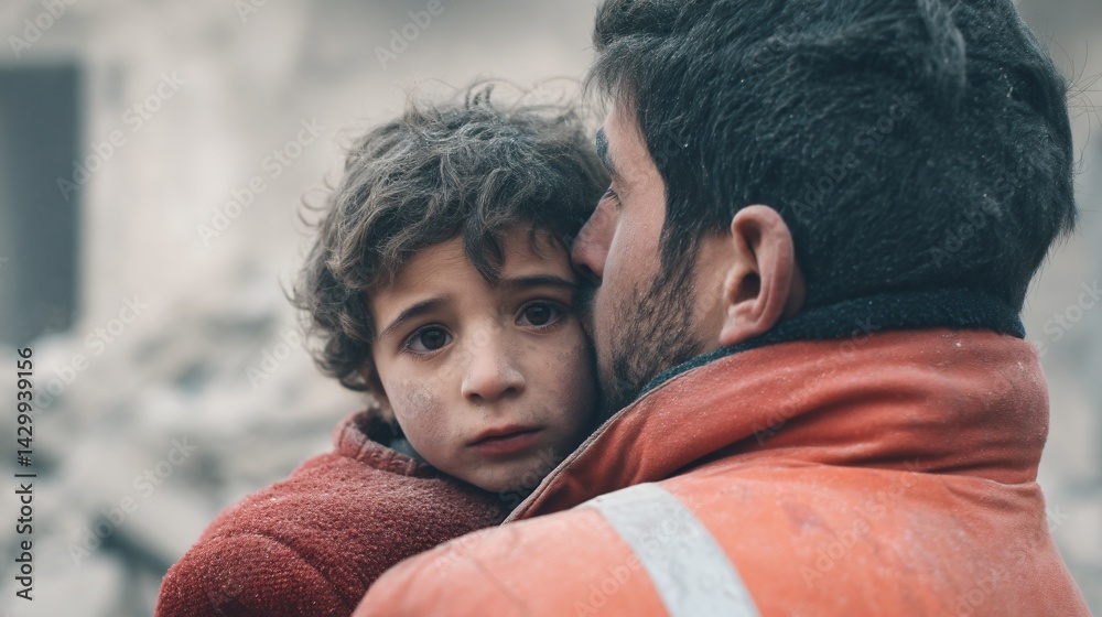 Rescue Worker Evacuates Child After Earthquake Devastated Area Humanitarian Efforts Tense Environment Close-up Perspective