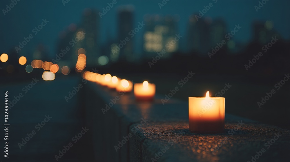 Candles Illuminate the Night Remembrance of Earthquake Victims Cityscape Emotional Scene Reflective Viewpoint