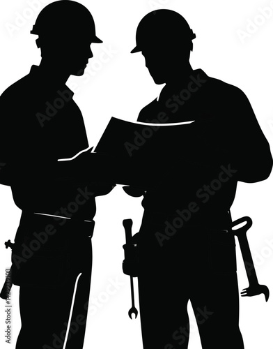 black silhouette of two construction workers discussing 