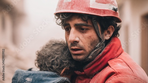 Obraz na płótnie Rescue Worker Carries Child After Earthquake Disaster Urban Ruins Emotional Scene Close-Up Perspective w salonie