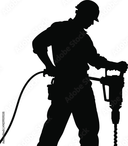 Silhouette of a construction worker operating a jackhammer, for labor day card design