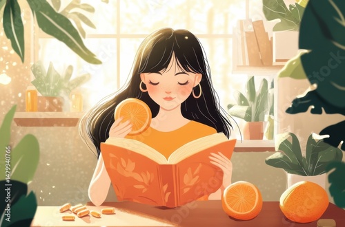 A smart girl in a cozy reading corner, enjoying a book