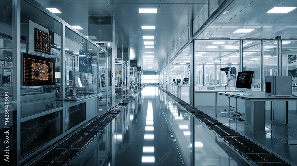 Naklejka premium Modern, sterile, industrial facility with polished floor and glass partitions.