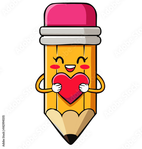 Cute cartoon pencil character with heart and happy face, isolated on white background, perfect for school, education, and creativity themes

