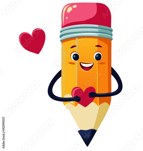 Cute cartoon pencil character with heart and happy face, isolated on white background, perfect for school, education, and creativity themes

