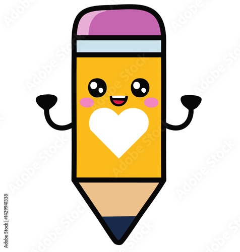 Cute cartoon pencil character with heart and happy face, isolated on white background, perfect for school, education, and creativity themes


