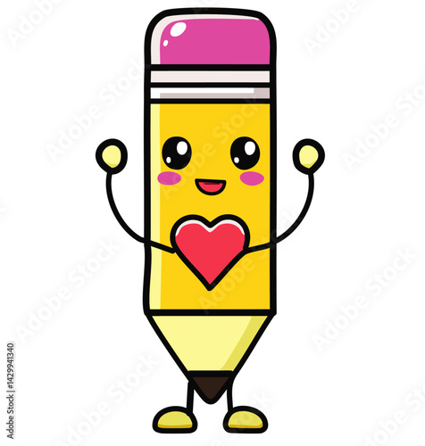 Cute cartoon pencil character with heart and happy face, isolated on white background, perfect for school, education, and creativity themes


