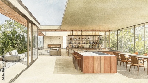 Spacious modern open-plan kitchen and living area design.