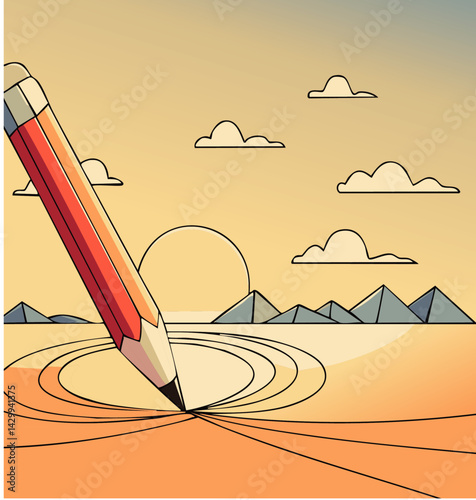 Colorful cartoon pencil drawing a straight line on white background, perfect for education, creativity, and art concept designs

