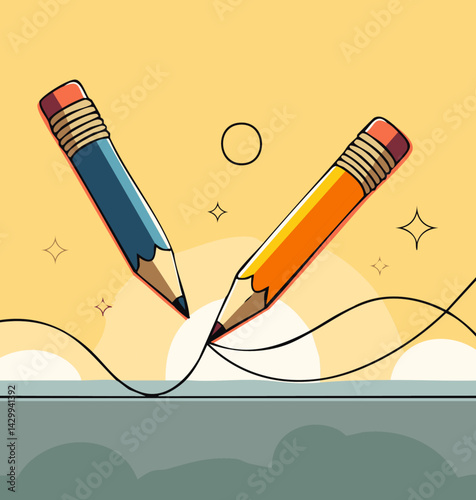 Colorful cartoon pencil drawing a straight line on white background, perfect for education, creativity, and art concept designs

