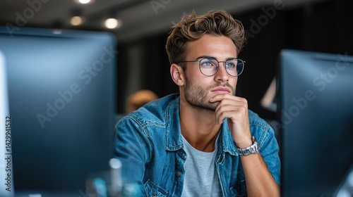 A young, handsome man in glasses sits at a computer, deep in thought as he gazes away.