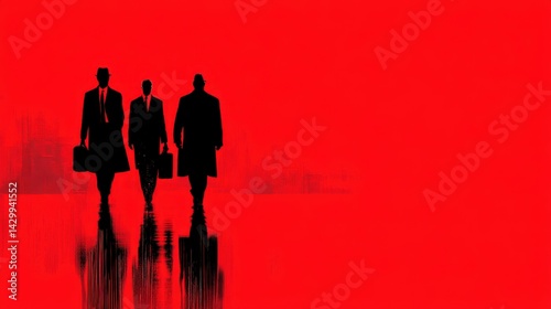 A red background with silhouettes of three men in suits walking, carrying briefcases and buildings in the distance. 