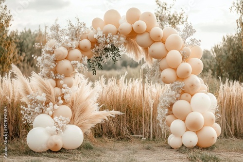 Beautifully arranged balloons and natural elements forming an archway