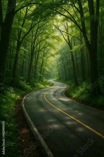 Realistic macro image, winding road amidst lush green forest.