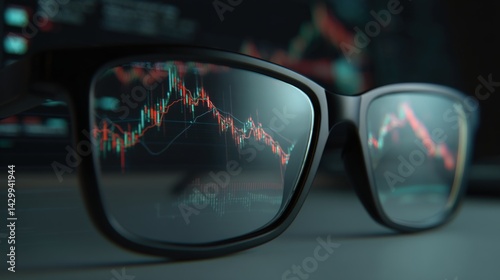 Close-up of eyeglasses with a stock market chart reflection