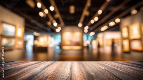 Beautiful blurred background of an art gallery with paintings and a wooden floor in the interior, a display for products or goods