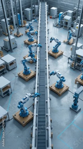 Automated Assembly Line: Robotic Arms Efficiently Working Cool Blue and Neutral Tones. AI Generated