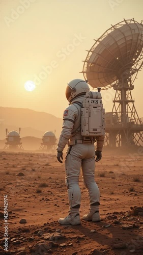 Astronaut surveys Martian landscape bathed in warm sunset light; powerful composition evokes exploration themes. AI Generated