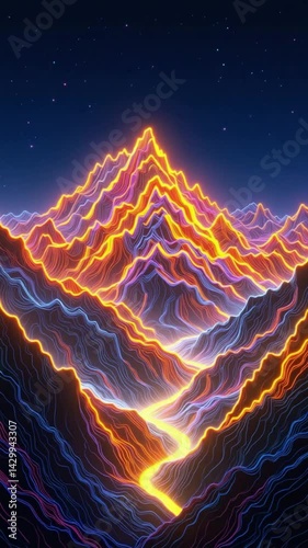 Neon Mountainscape: Vibrant lines elegantly curve through a glowing valley under a starry night sky. AI Generated