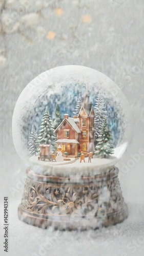 Enchanted winter village snow globe spins softly warm light illuminates detailed miniature scene. AI Generated