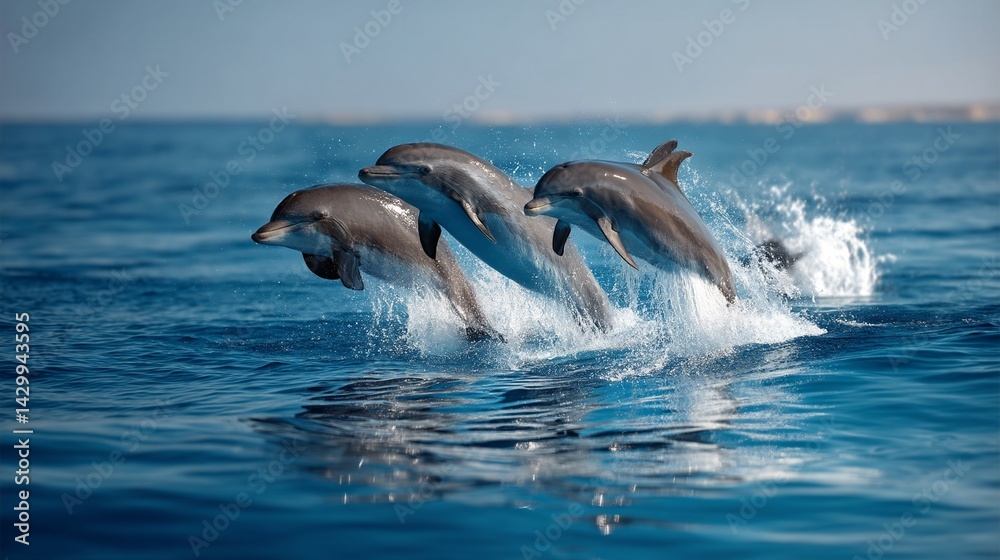 Fototapeta premium Three dolphins leaping from the ocean surface, displaying their sleek bodies and agility.