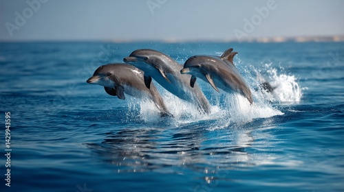 Three dolphins leaping from the ocean surface, displaying their sleek bodies and agility.
