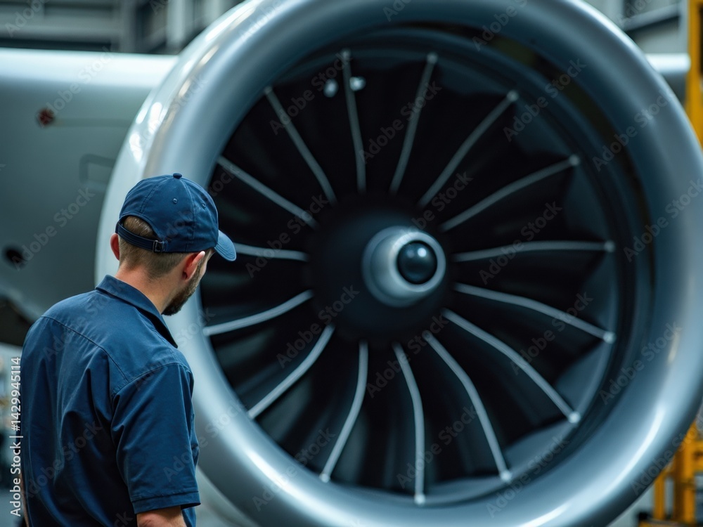 A worker closely examines a jet engine in an aerospace facility. The cool white lights enhance the details of the complex machinery, emphasizing precision and care.