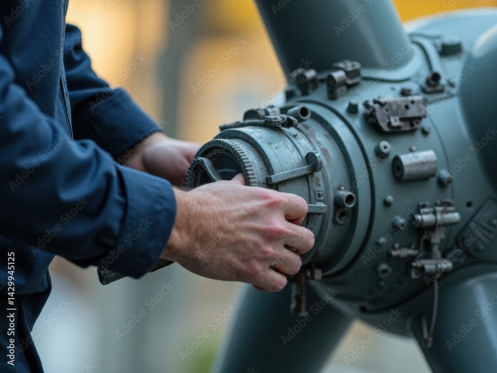 A skilled worker delicately adjusts a wind turbine blade mold, with soft natural light enhancing the intricate details of the task.
