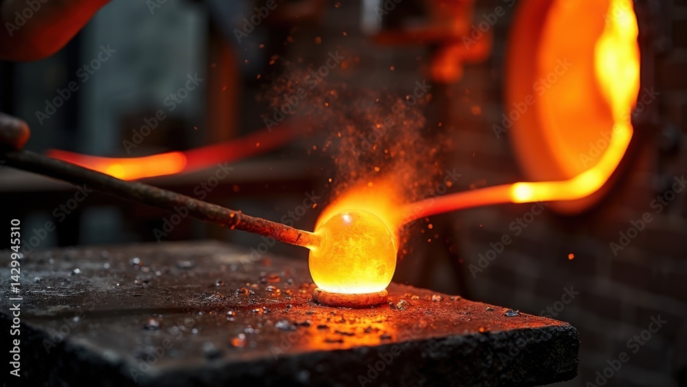 Artisans skillfully shape molten glass in a glassblowing workshop, illuminated by the warm glow of the furnace, showcasing expert craftsmanship.