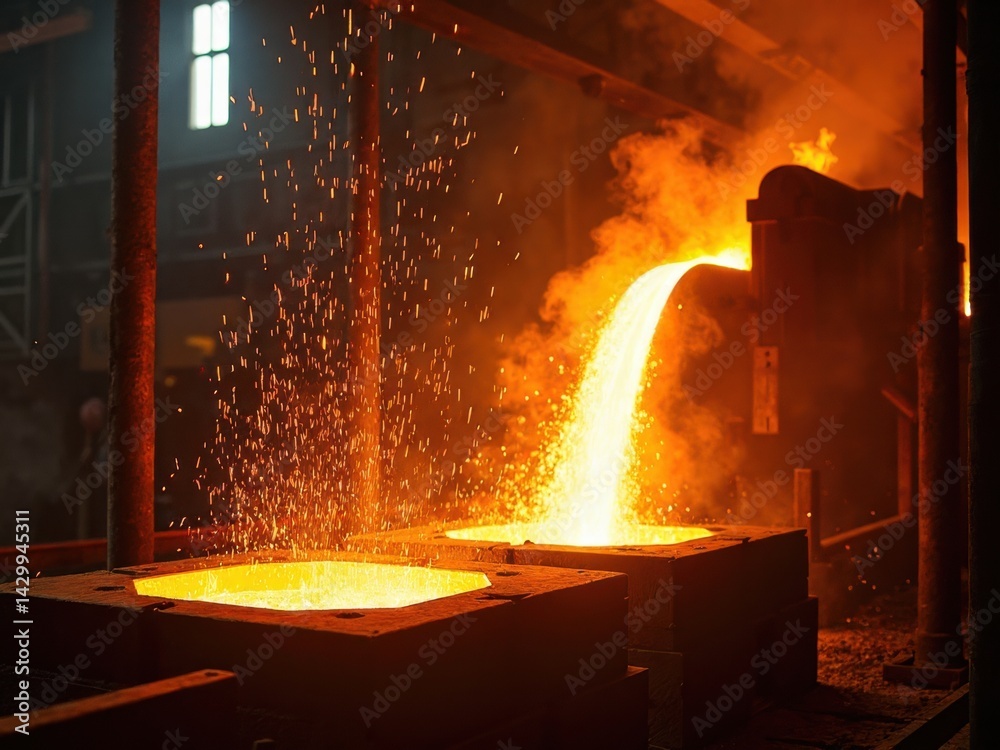 Glowing molten metal flows into molds at a bustling steel mill, with steam rising and heat distortion visible, creating a dramatic industrial atmosphere.