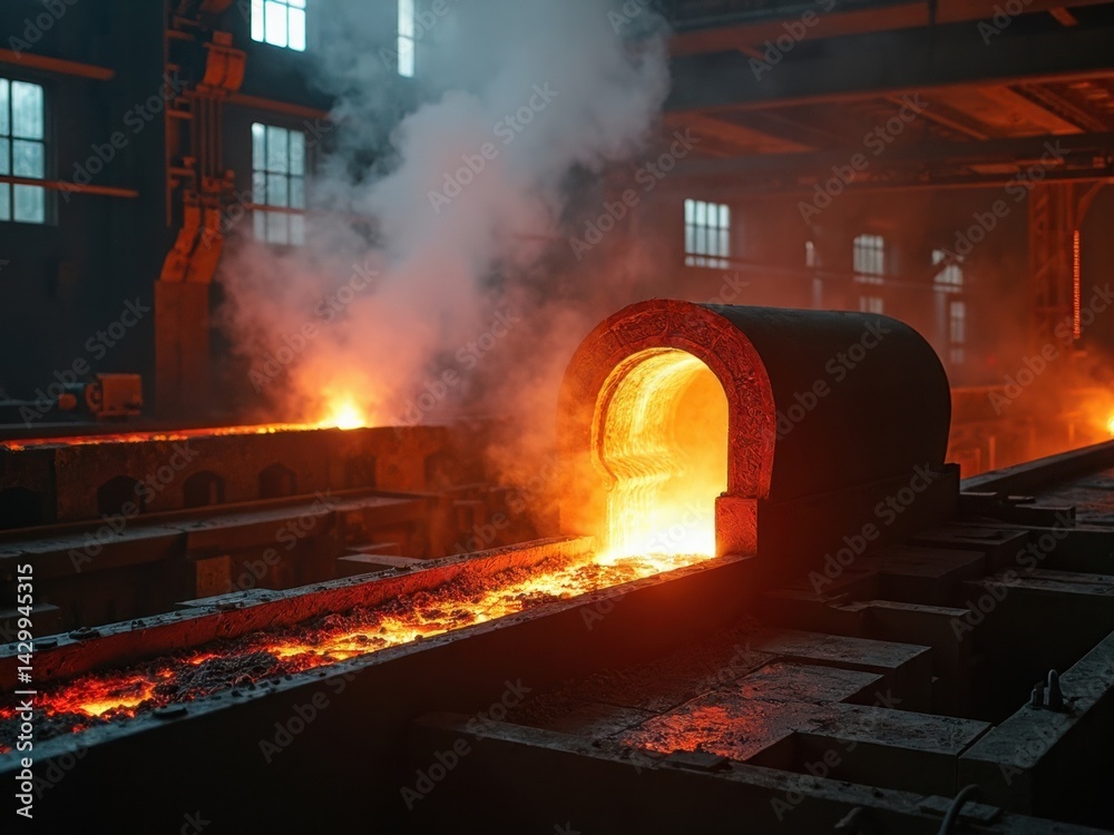 Glowing molten metal flows into molds within a steel mill, surrounded by steam and heat, highlighting an intense industrial atmosphere and craftsmanship.