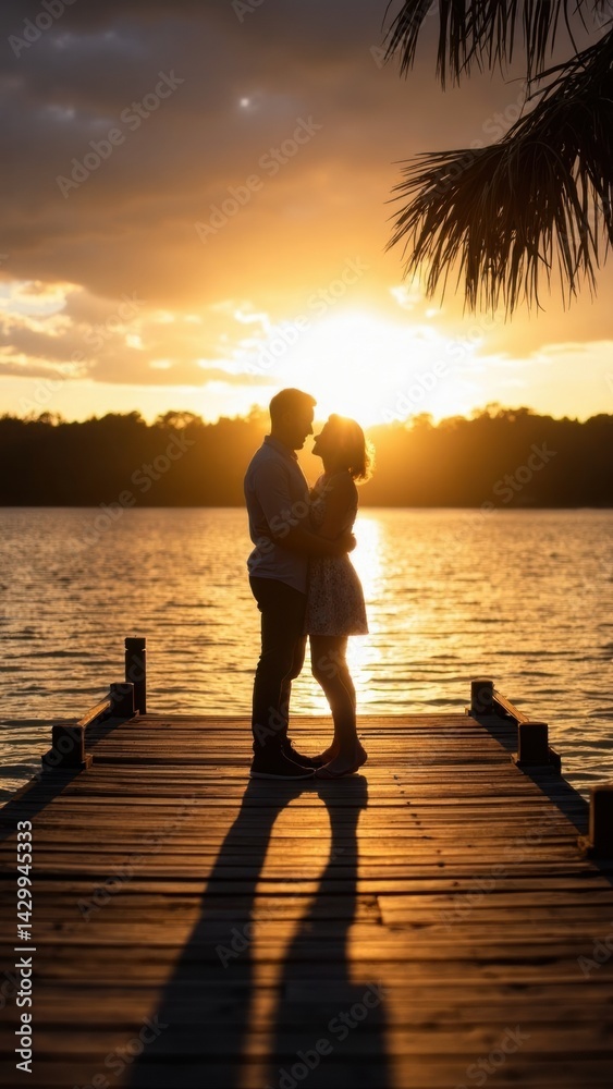A couple shares an intimate moment on a dock at sunset, silhouetted against the shimmering lake, capturing the warmth of their connection and love.